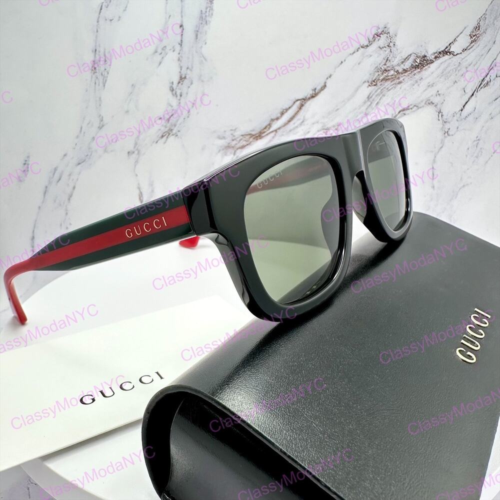 New GUCCI Sunglasses Mens 52mm Black Square Rectangle Aviator Red Green Web Arm